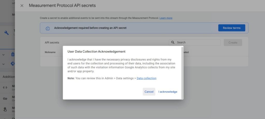 Measurement Protocol API Secrets Review Terms Accept